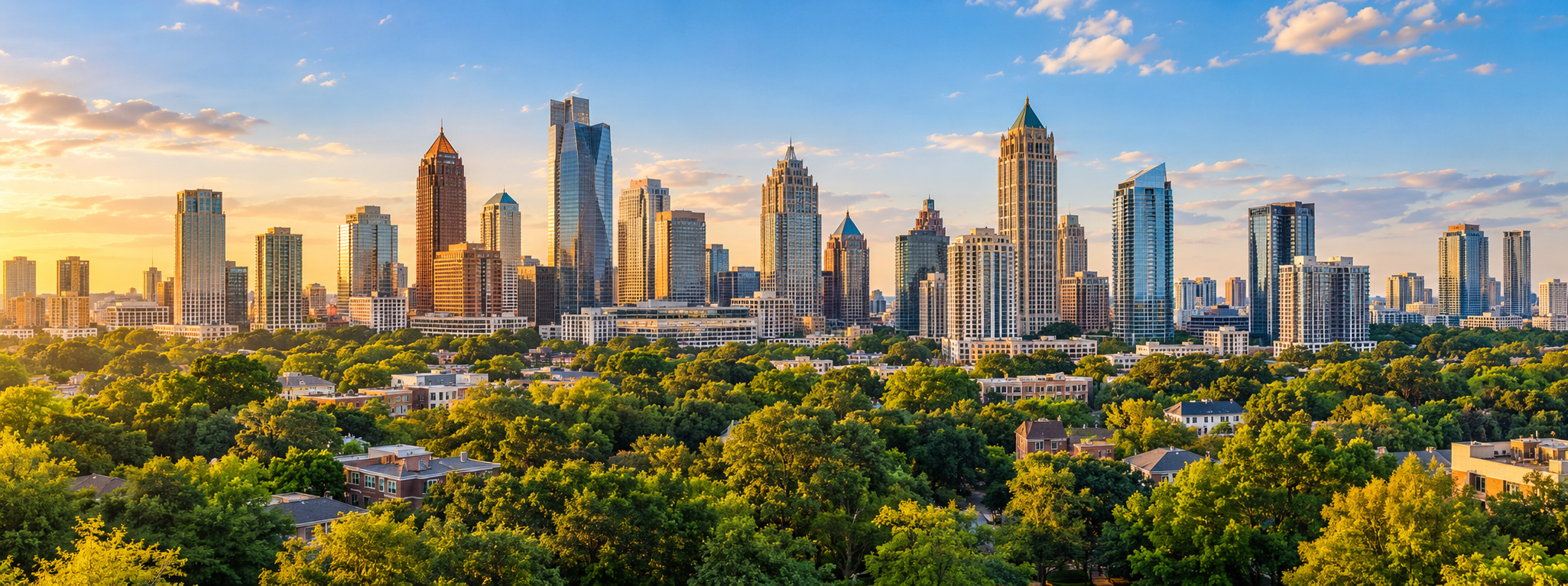 AI-generated illustration of the Atlanta skyline and green neighborhoods
