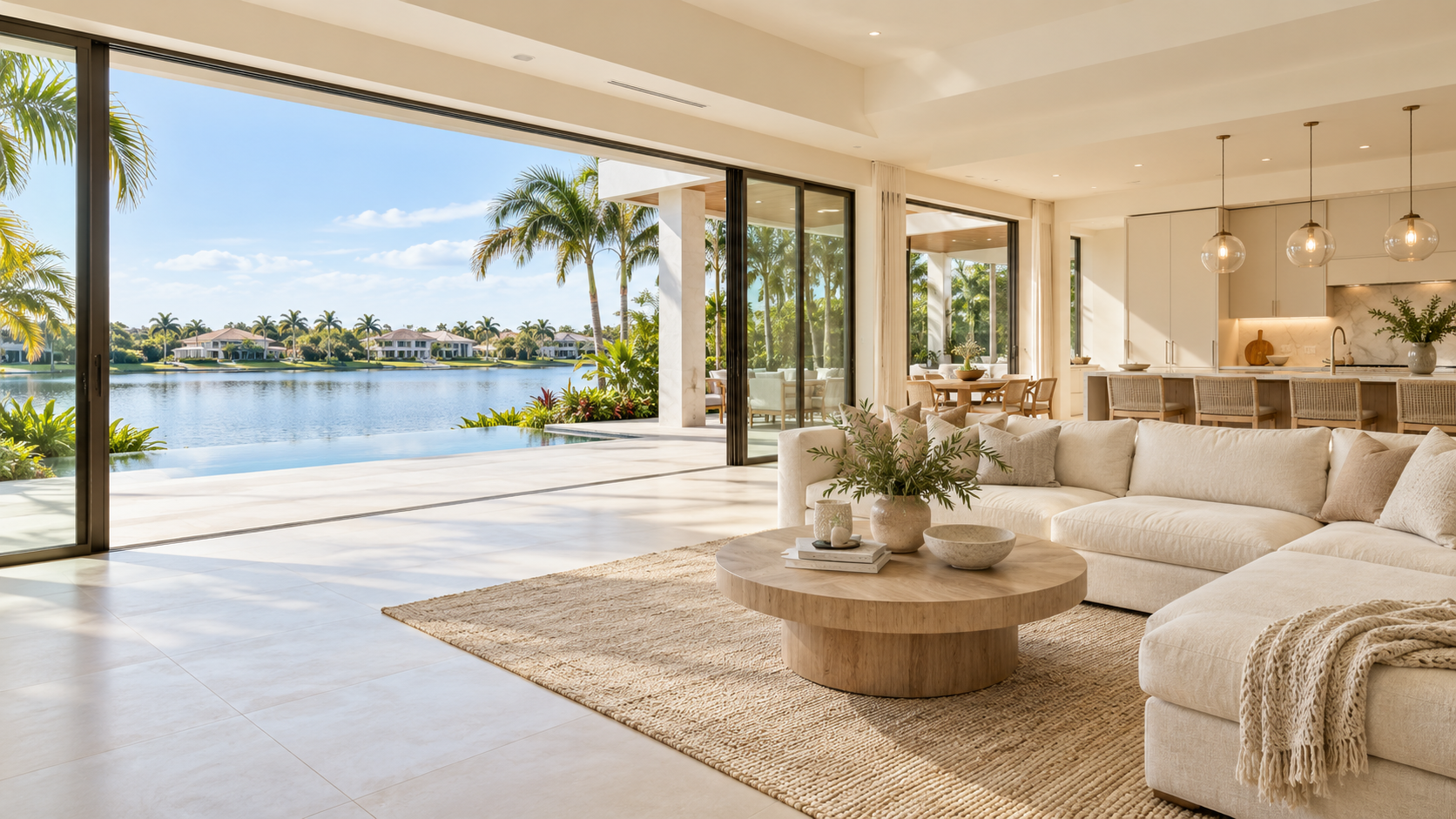 Bright lakefront living room featured in the first website design