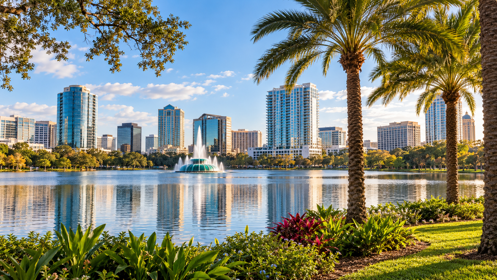 AI-generated illustration of an Orlando-inspired skyline and lakeside palms